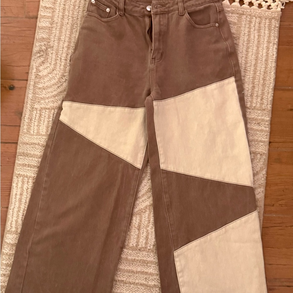 Colorblock Wide-Leg Women's Jeans in Brown and Cream